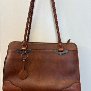 Bueno Brown Mixed Media Tote/Shoulder Bag Zippered Faux Leather Braided Straps